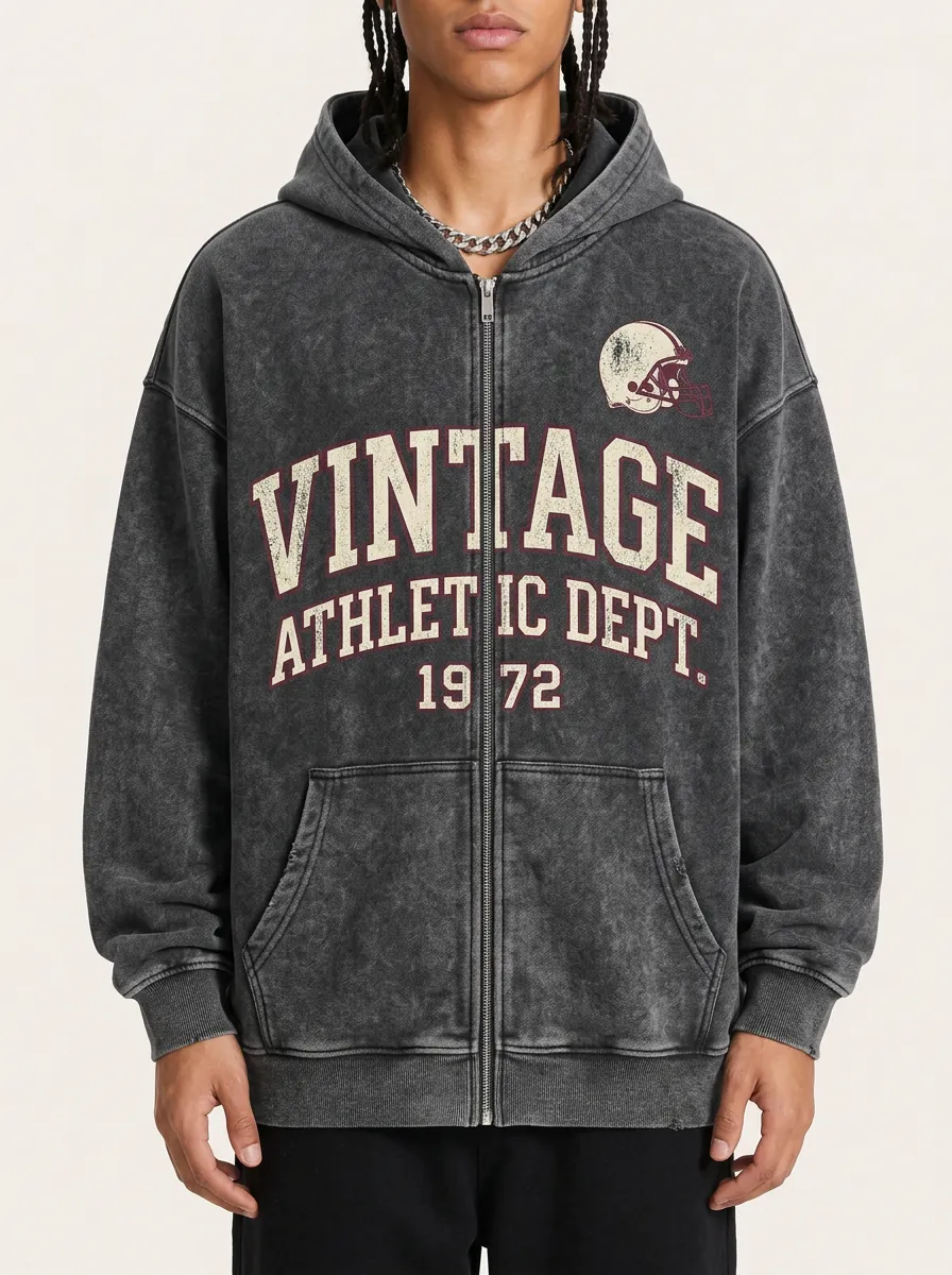 Men's Vintage Athletic Dept Football Helmet Printed Zip-up Hoodie