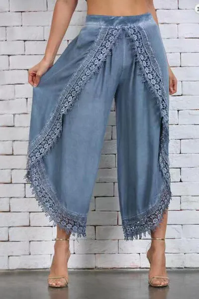 Lace Detail Wide Leg Plus Pants