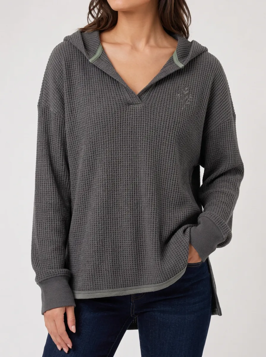 Women's Floral Minimalist Embroidered Waffle Knit Hooded Top
