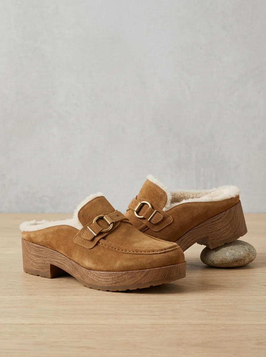 Women's Rugged Faux Fur Lined Buckle Detail Platform Suede Wood Sole Loafers