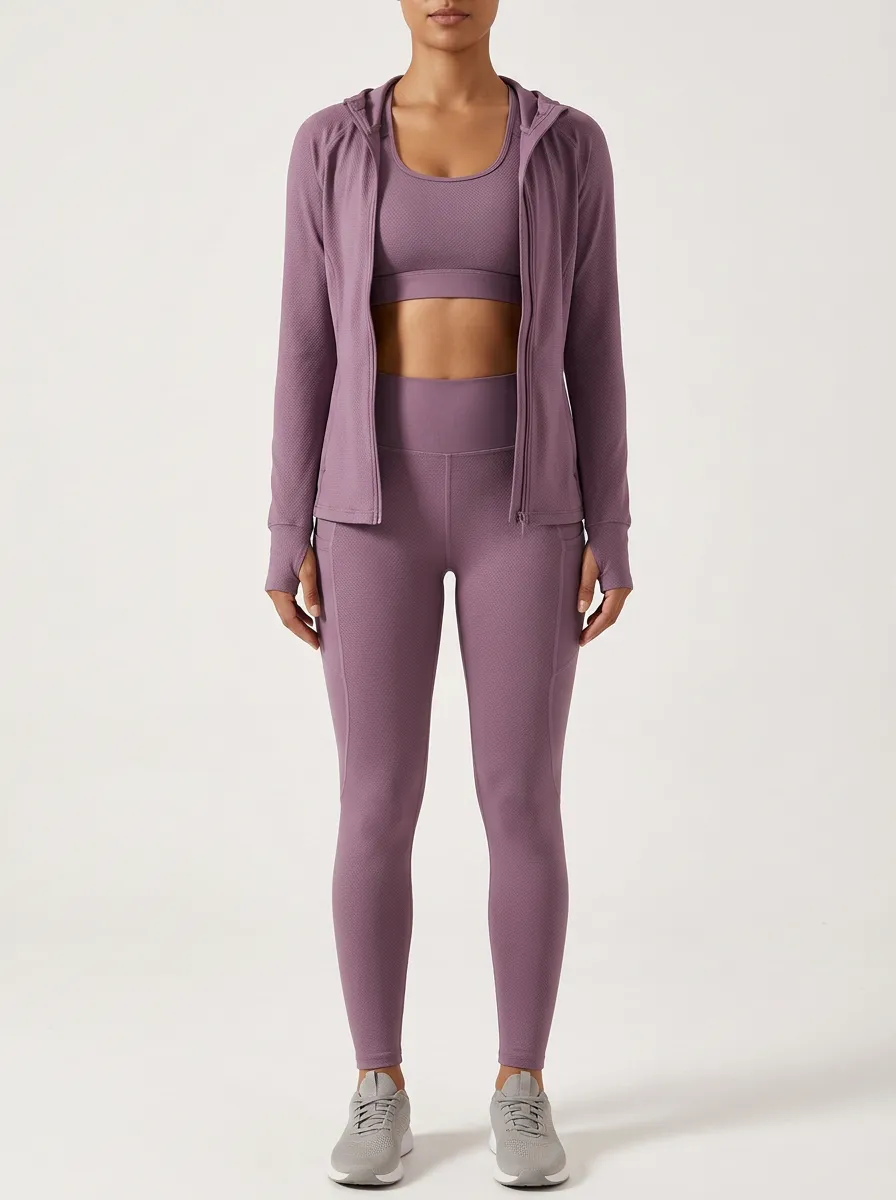 Training Textured Detail Zip Detail Essential Women's Three Piece Activewear Set