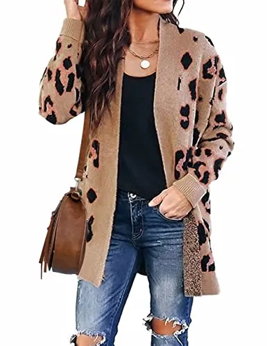 Women's Long Sleeves Open Front Leopard Print Knitted Sweater Cardigan Coat Outwear