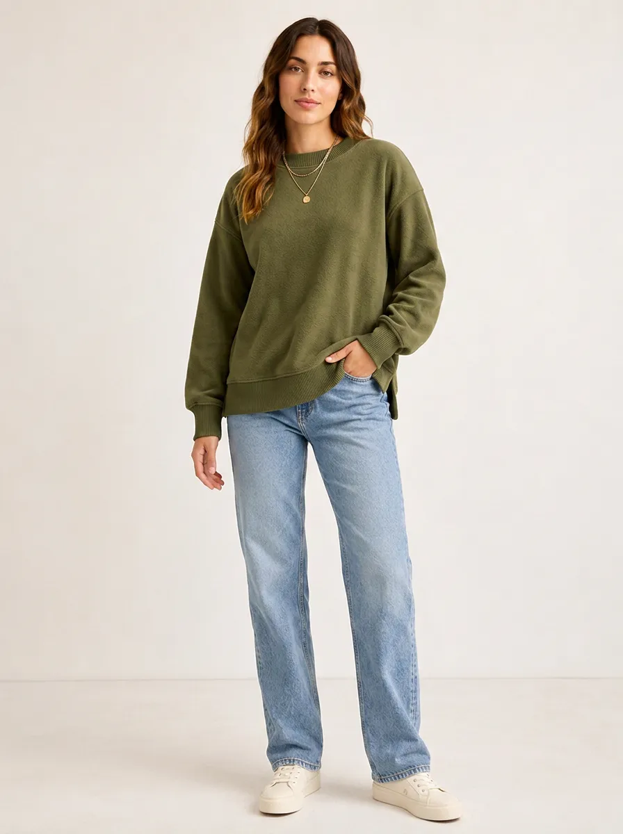 Women's Casual Olive Green Solid Color Crewneck Sweatshirt