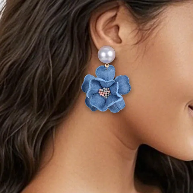 Rose Pearl Denim Statement Earrings