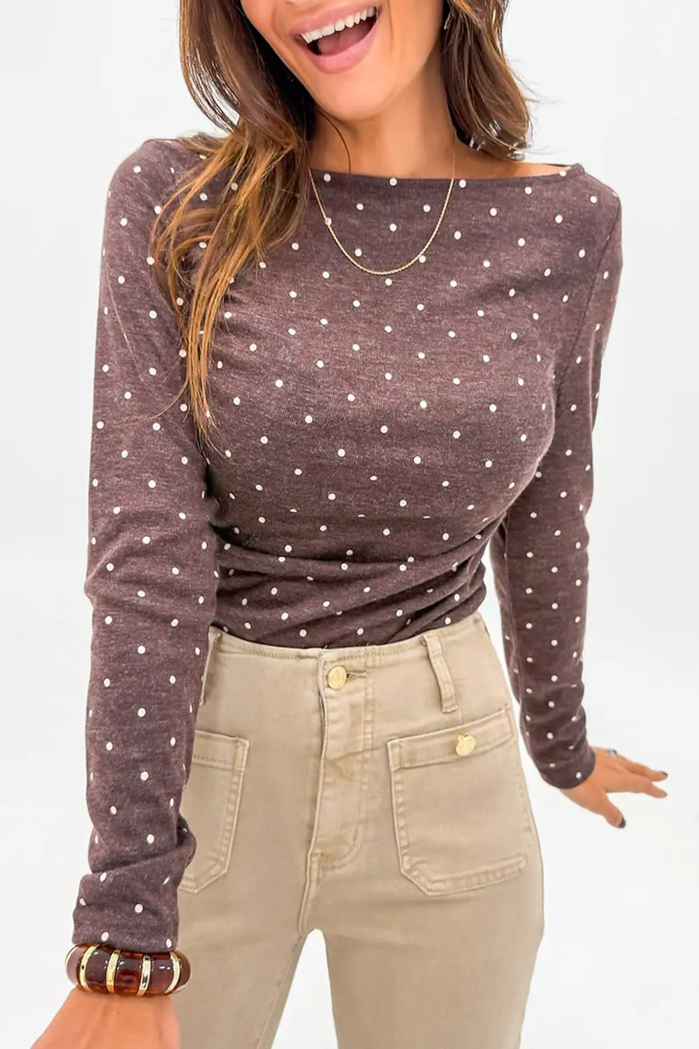 Women's Polka Dot Knit Boat Neck T-Shirt