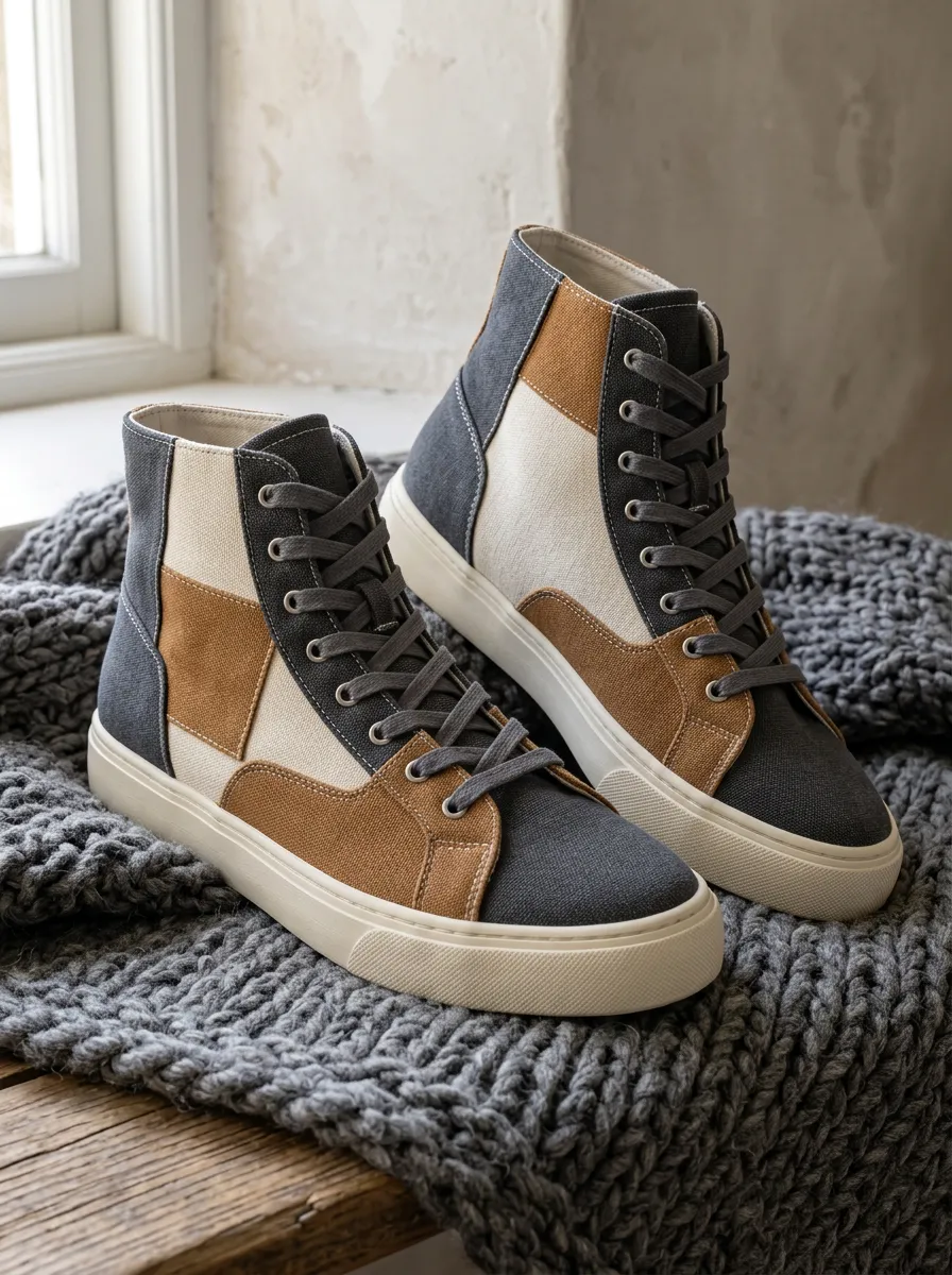 Men's Colorblock Brown Grey Patchwork Printed Canvas Shoes