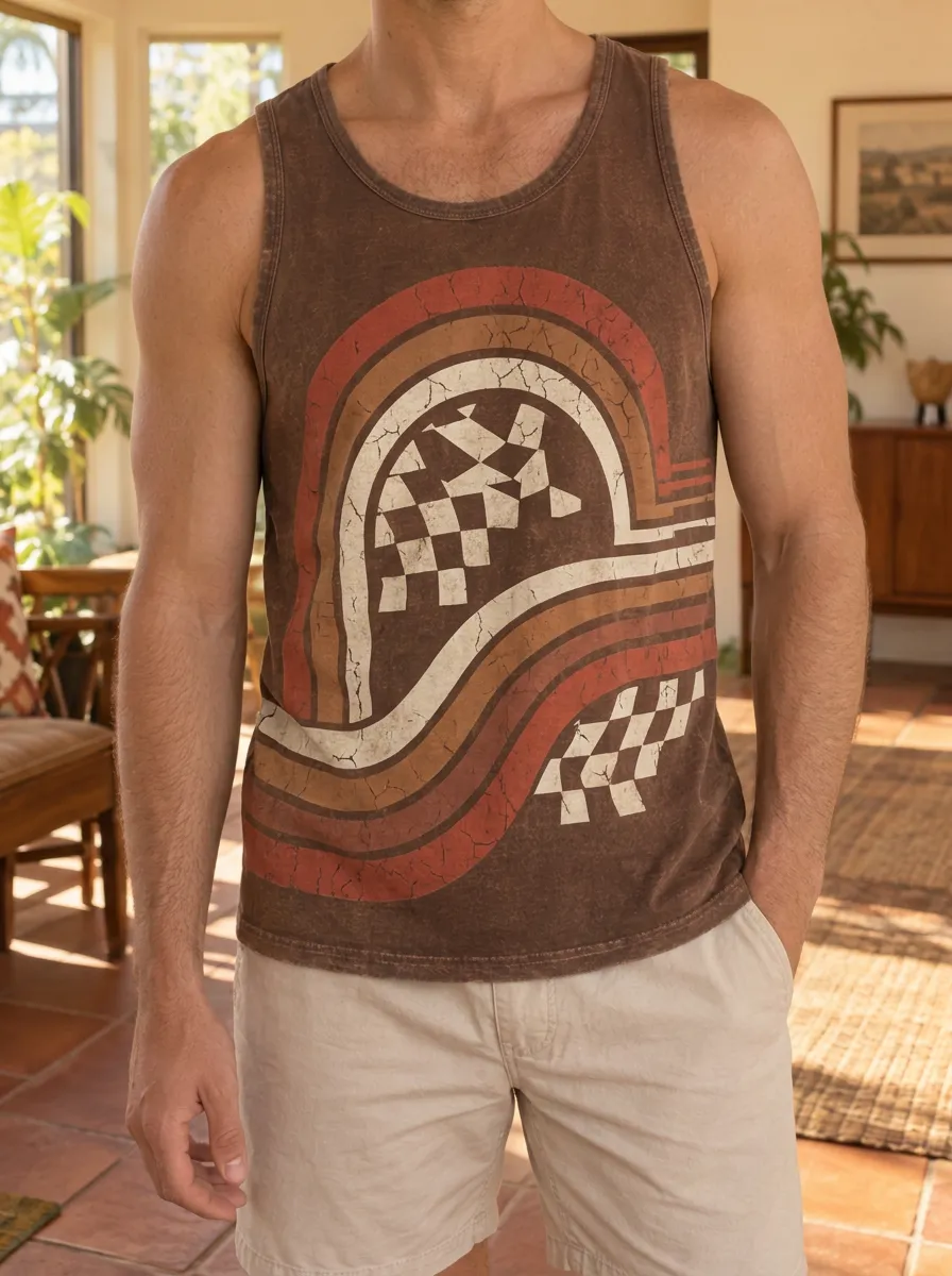 Men's Vintage Racing Retro Stripe Checkered Tank Top
