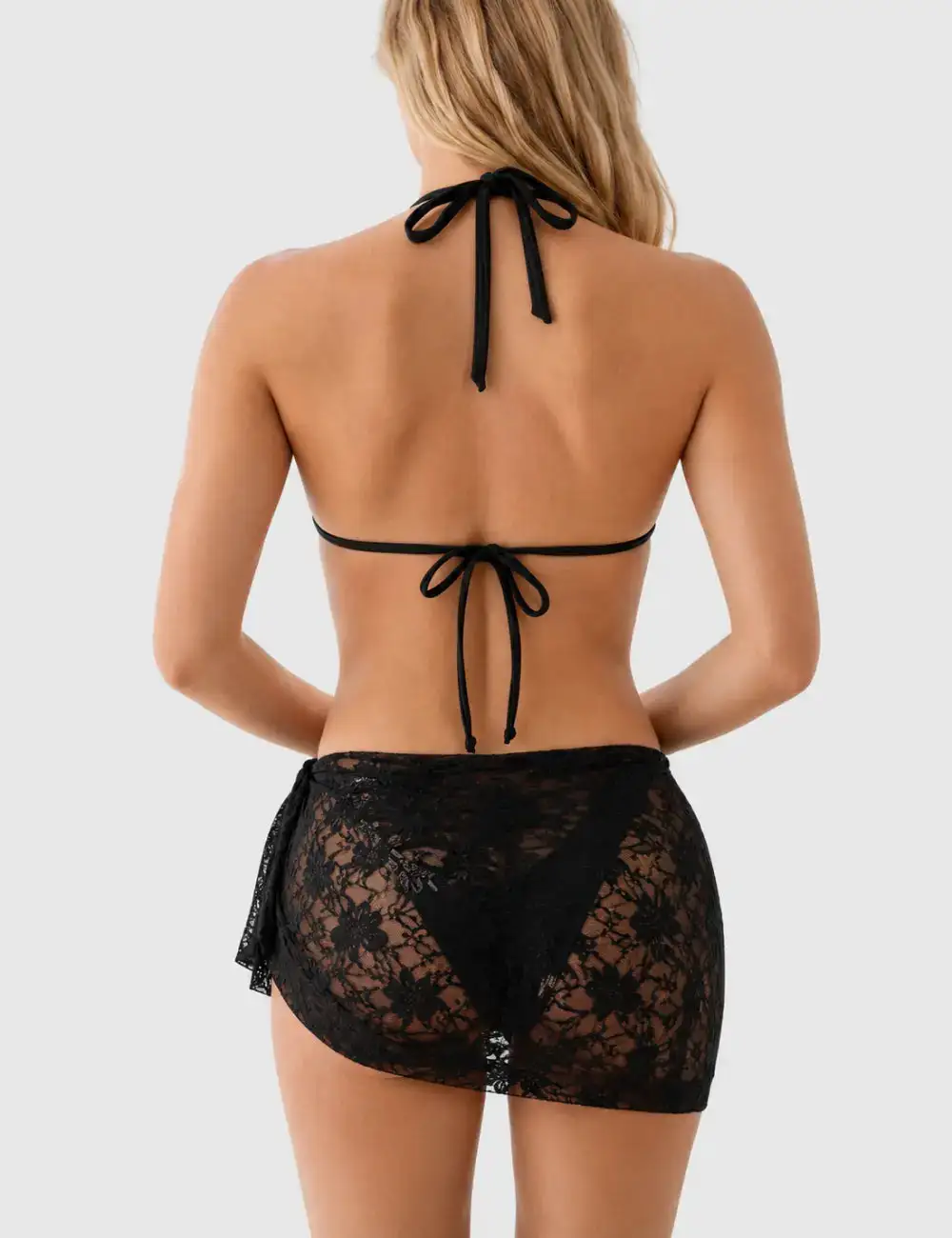 Lace Mesh Triangle Bikini Set with Sarong Set