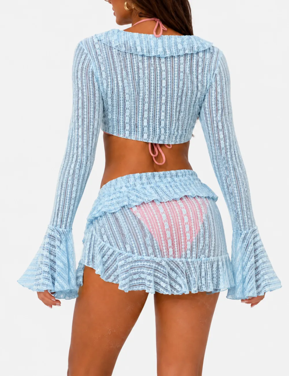 Solid Color Triangle Bikini Four Piece Set with Cover Up and Mini Skirt