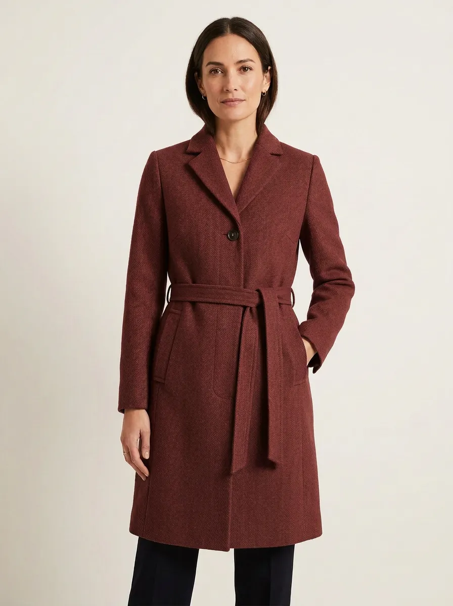 Women's Classic Camel Herringbone Belted Wool-Blend Coat