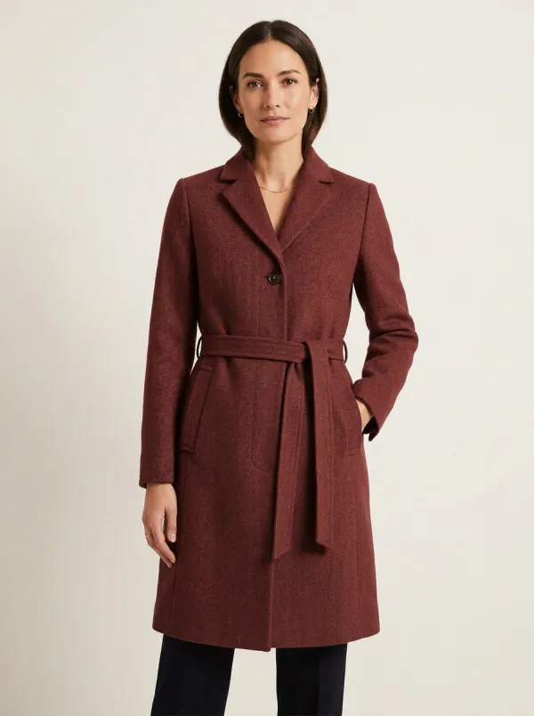 Women's Classic Camel Herringbone Belted Wool-Blend Coat