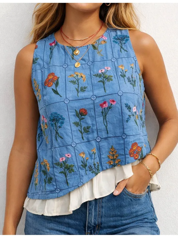 Embroidery Round Neck Sleeveless Top