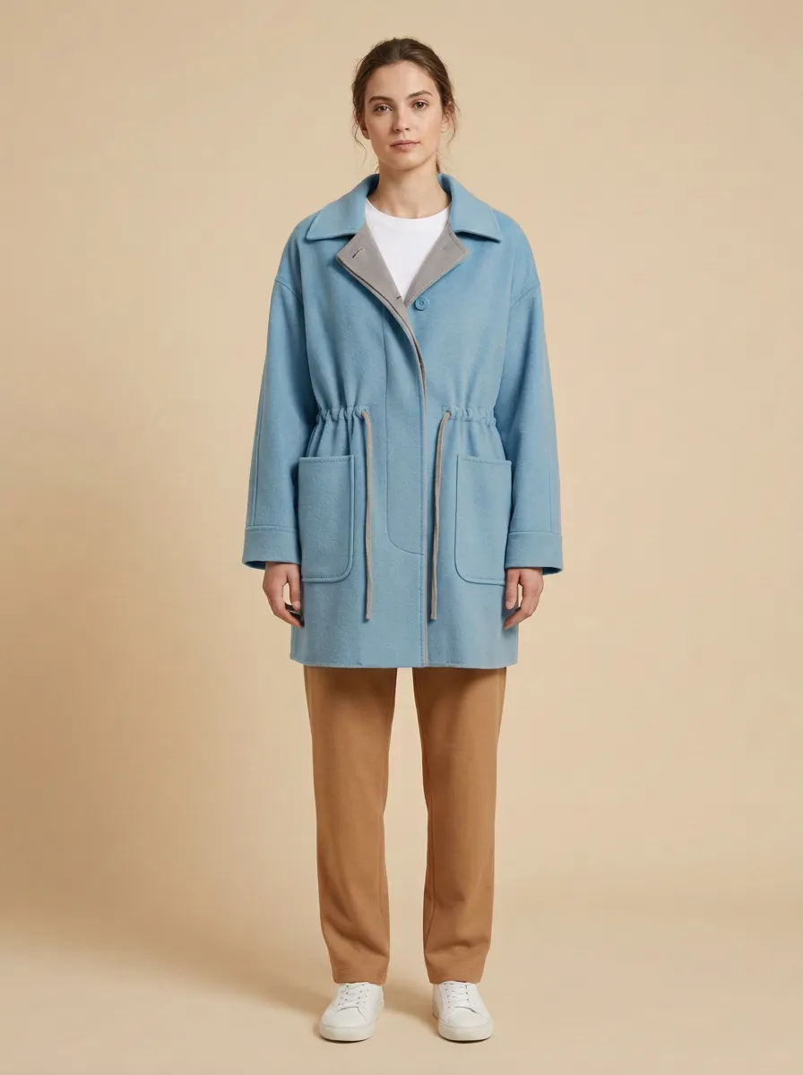 Casual Drawstring Waist Wool Blend Coat