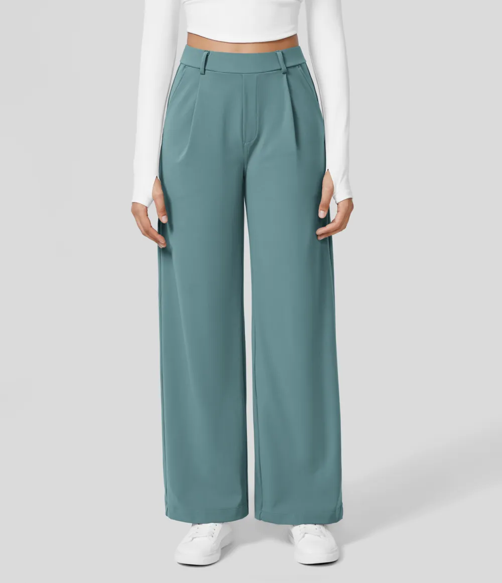 2026🔥  High Waisted Plicated Side Pocket Straight Leg Work Pants