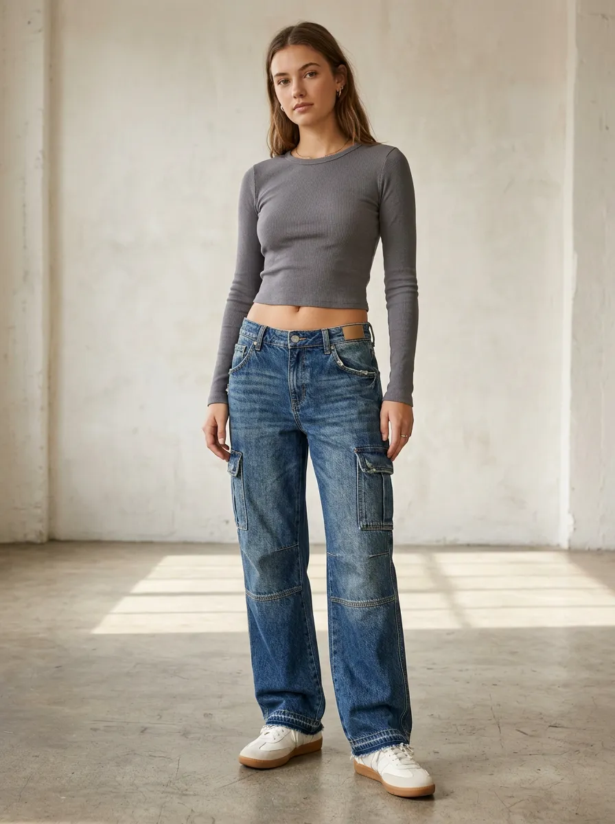 Women's Classic Cargo Pocket Denim Baggy Jeans