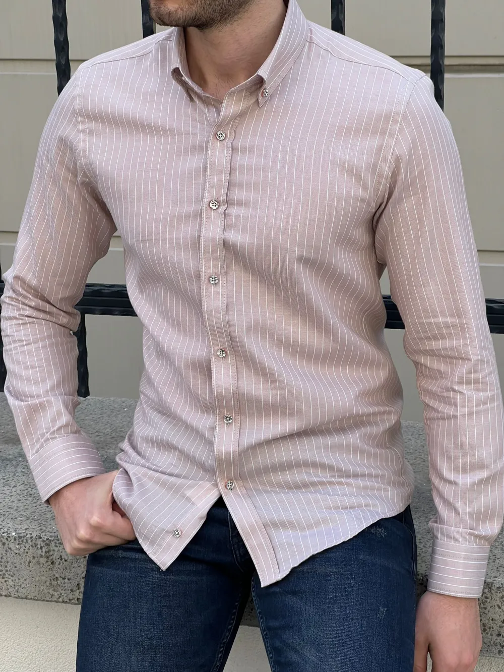 Polished Button Collar Slim Fit Striped Cotton Casual Shirt