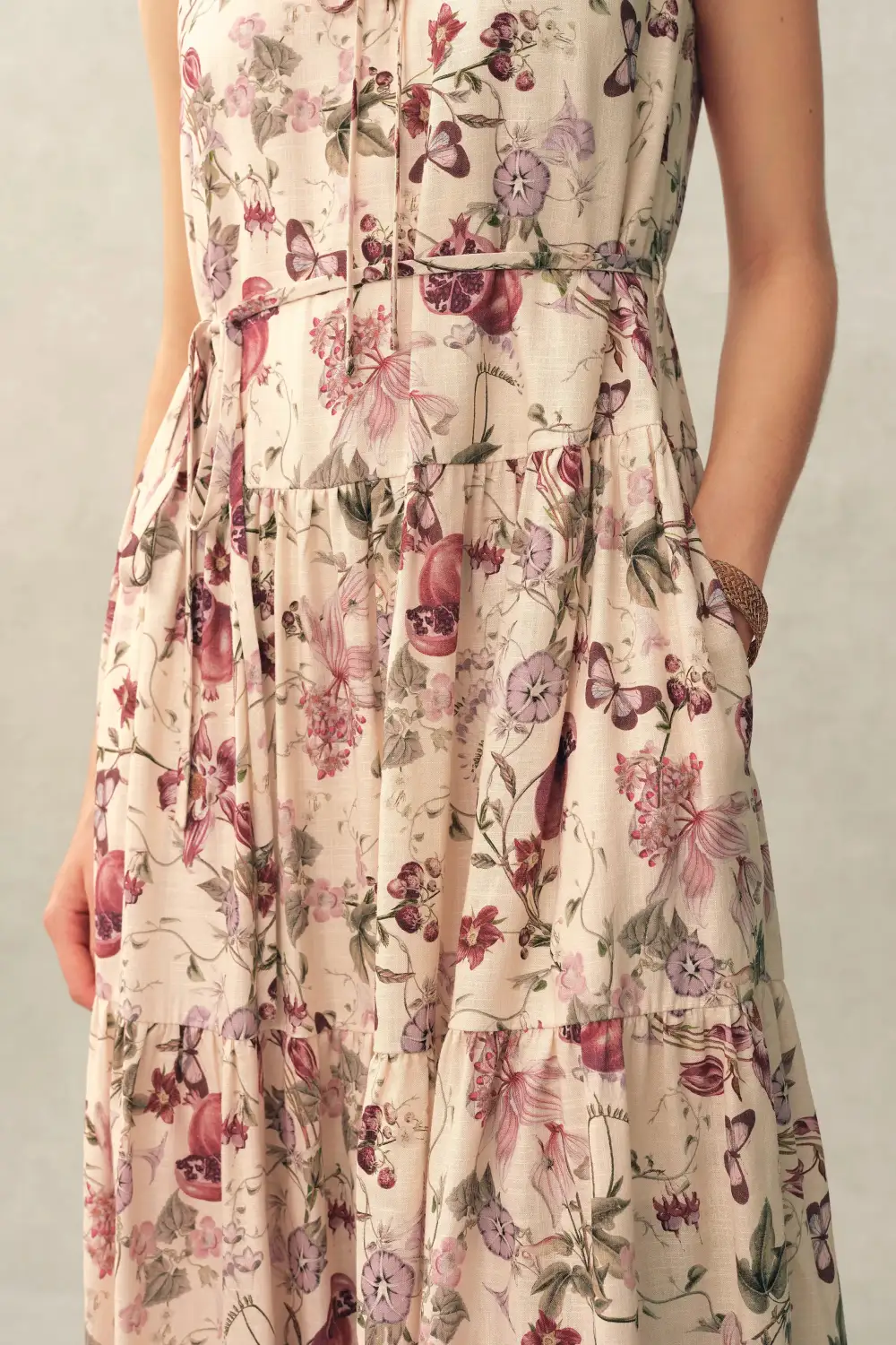 Tiered Printed Floral Linen Blend Dress
