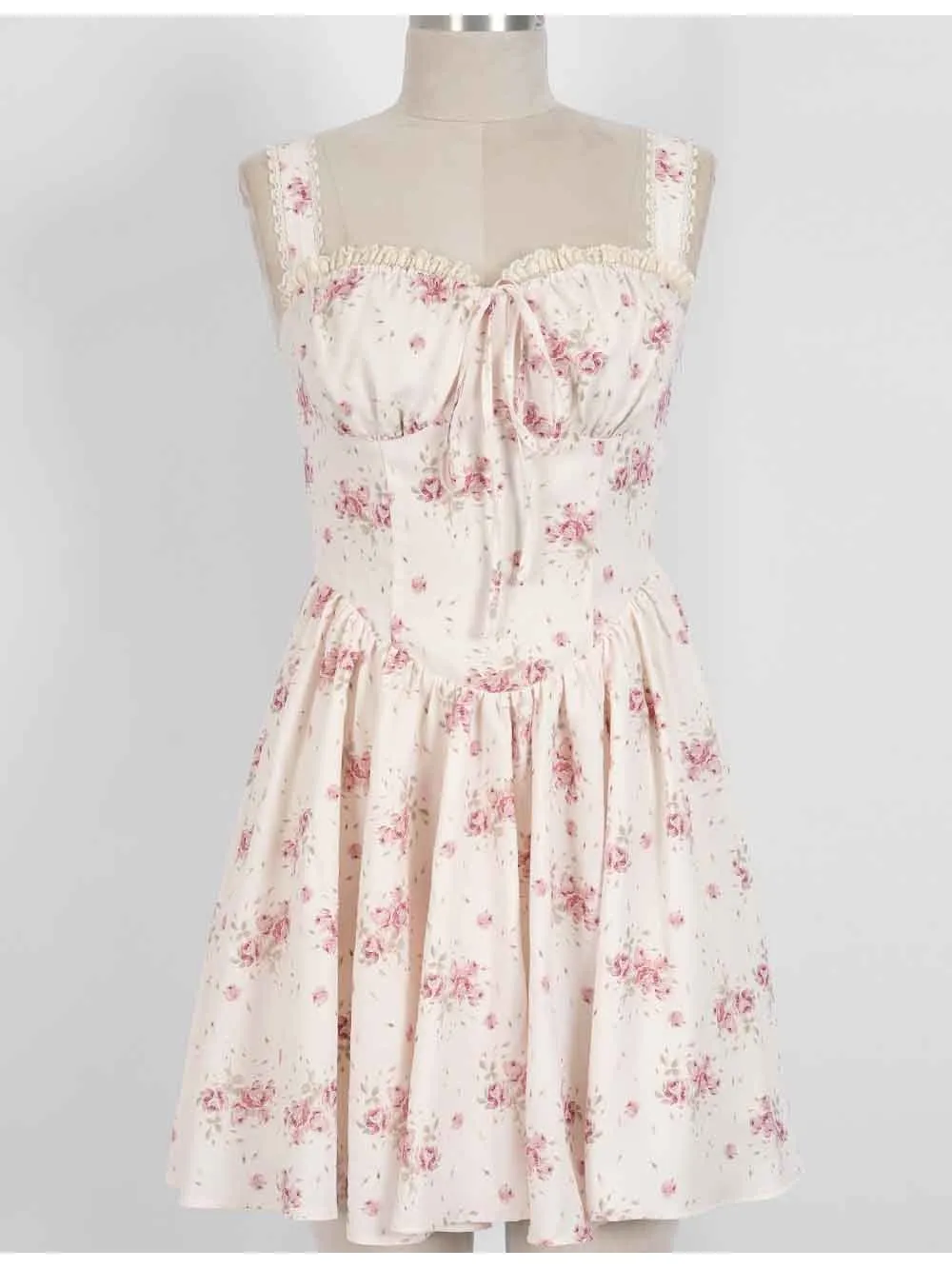 Boho Square Neck Lace Trim Ruched Mini Dress
