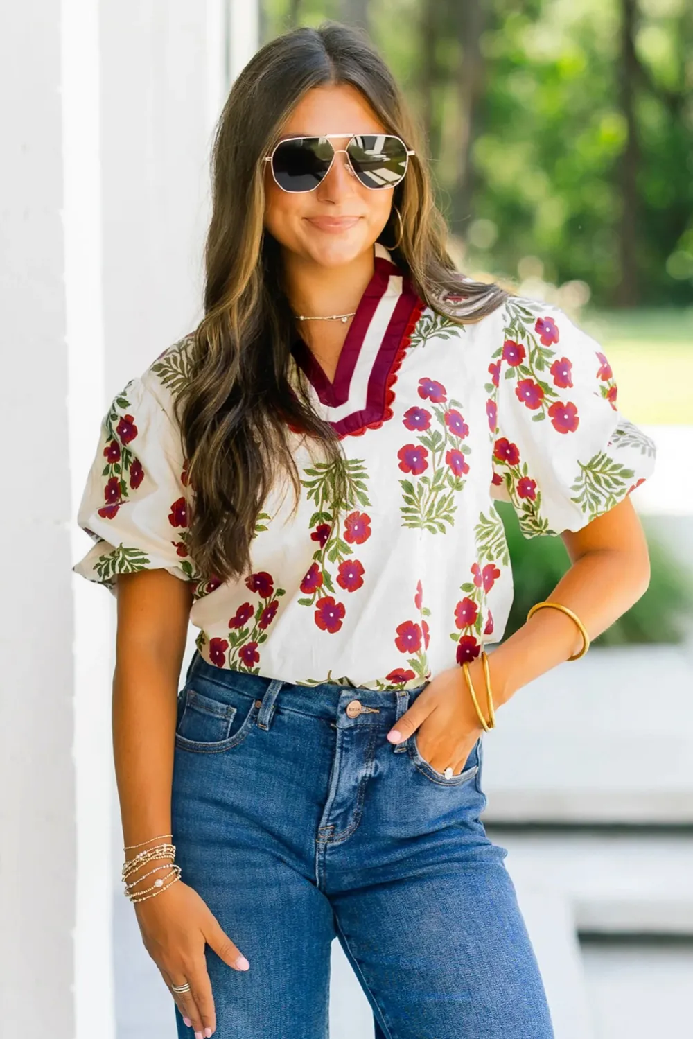 White Floral Short Bubble Sleeve Blouse