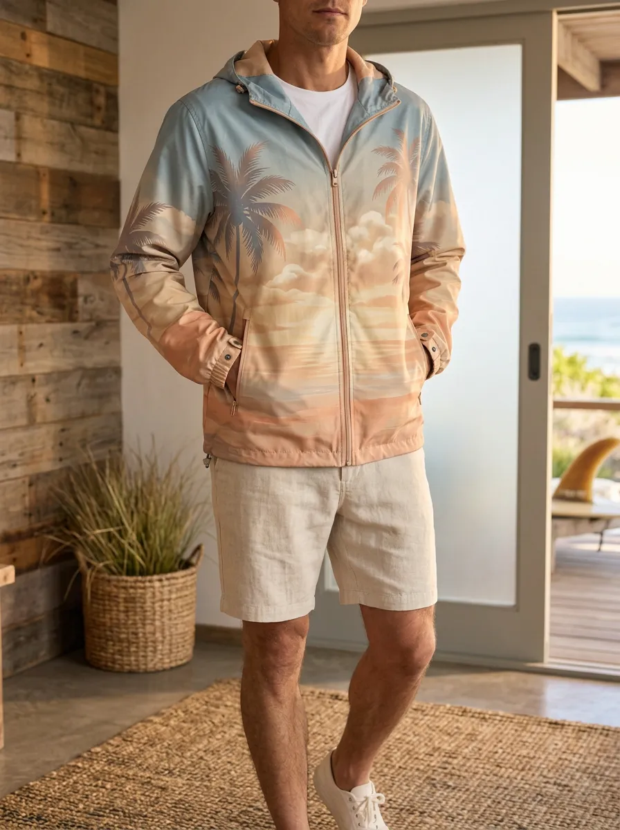 Men's Tropical Beach Palm Tree Sunset Printed Jacket