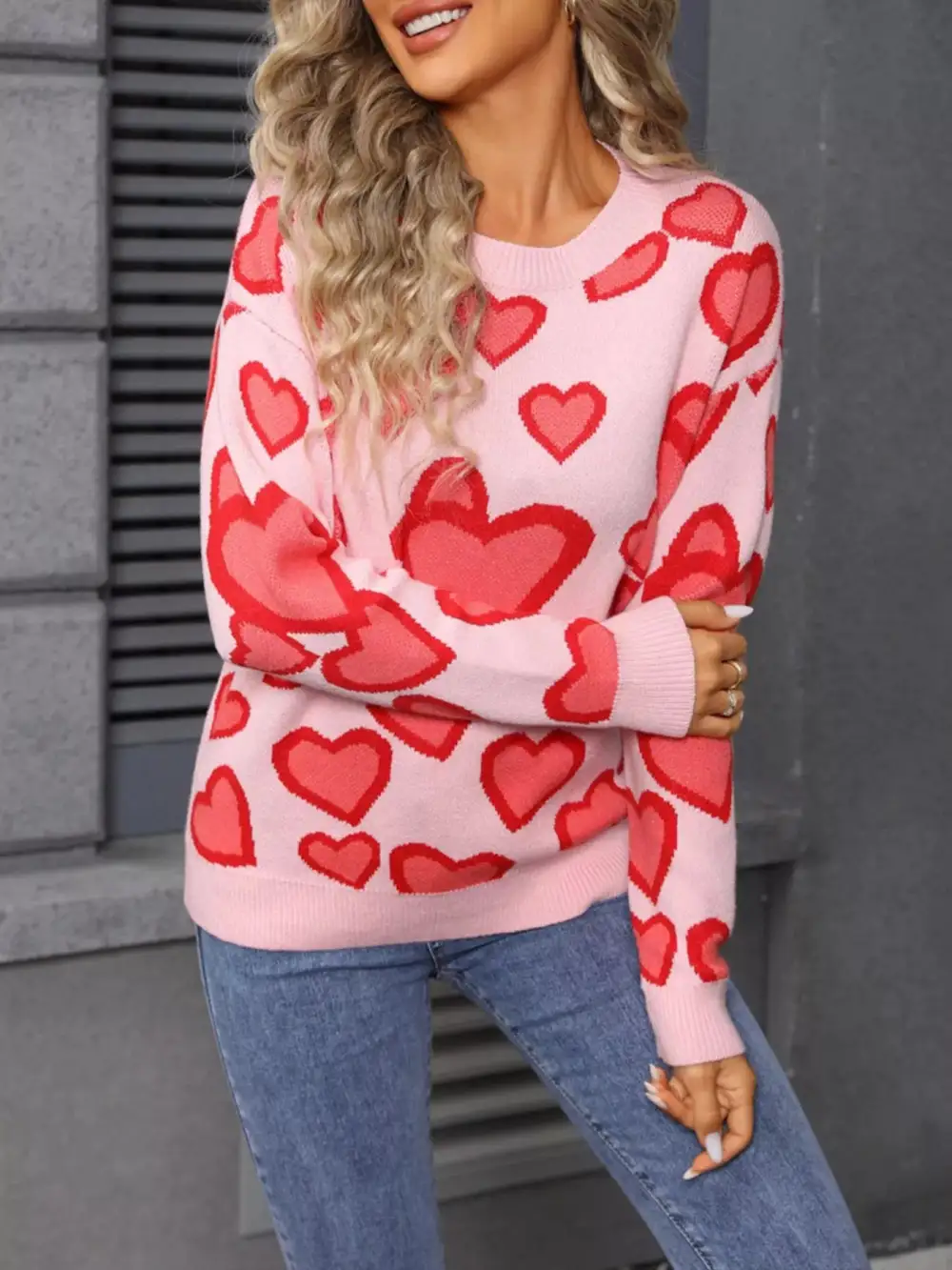 Textured Valentine's Day Heart Crew Neck Sweater