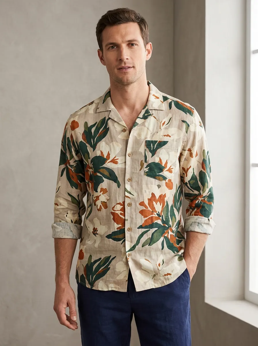 Men's Artful Botanical Printed Linen Shirt