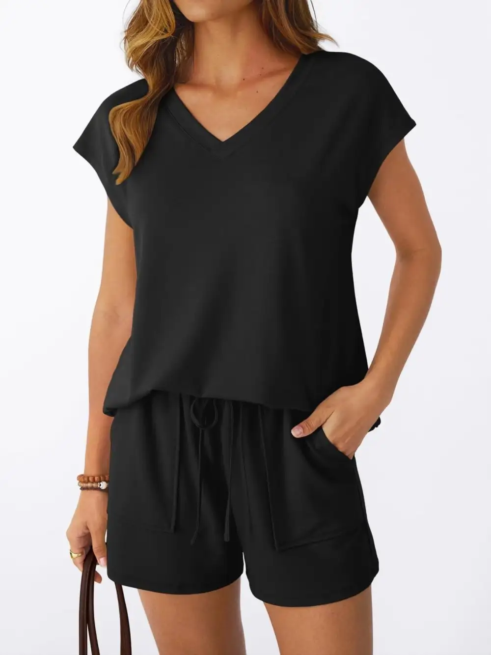 Casual V Neck T Shirt and Shorts Set