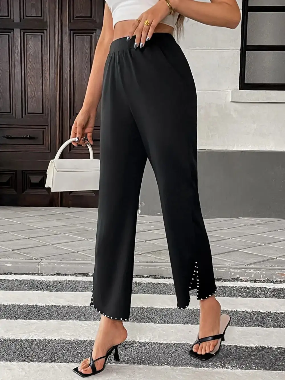 Pearl Embellished Cropped Wide Leg Pants