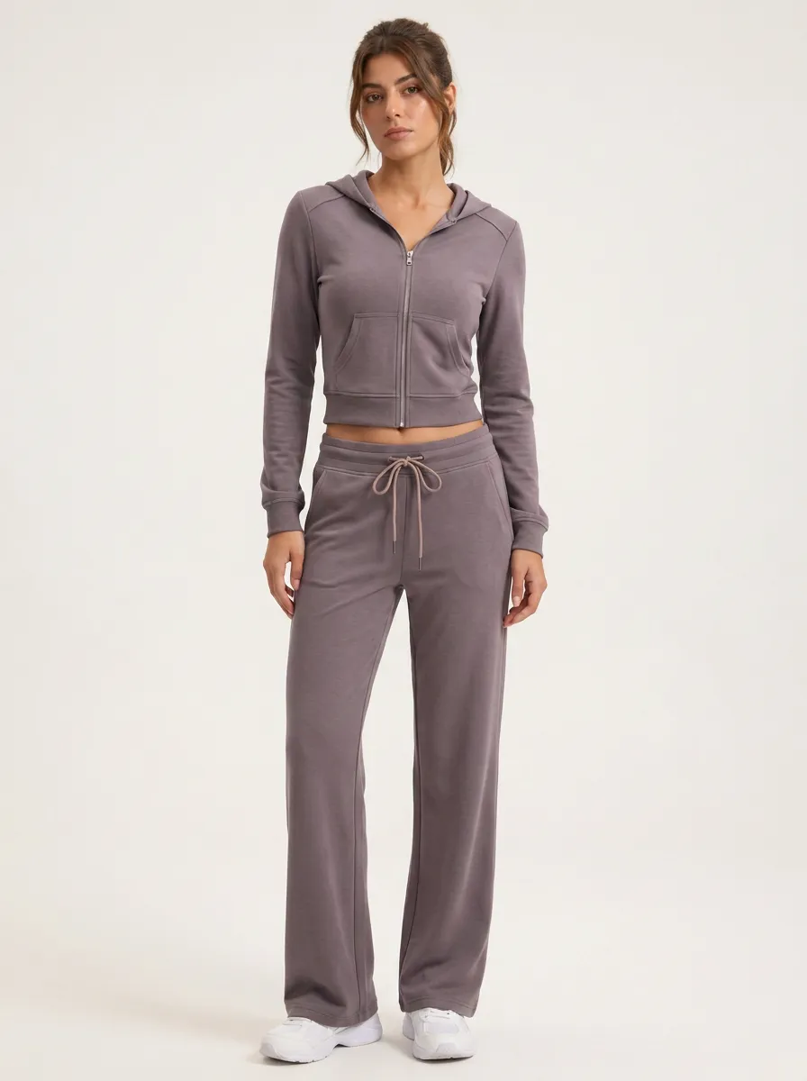 Women's Casual Sporty Mauve Zip-up Hoodie Wide-leg Jogger Set