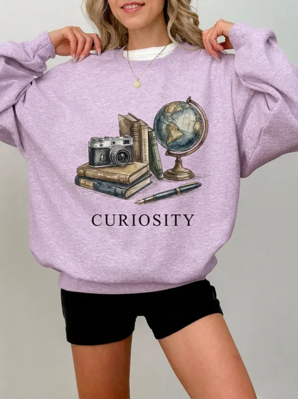 Women's Curiosity Travel Book Globe Camera Graphic Sweatshirt