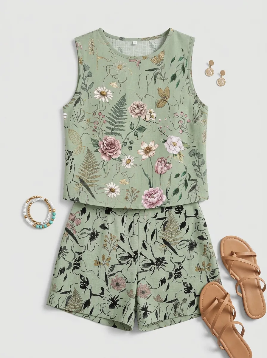 Women's Botanical Floral Sage Green Printed Sleeveless Shorts Set