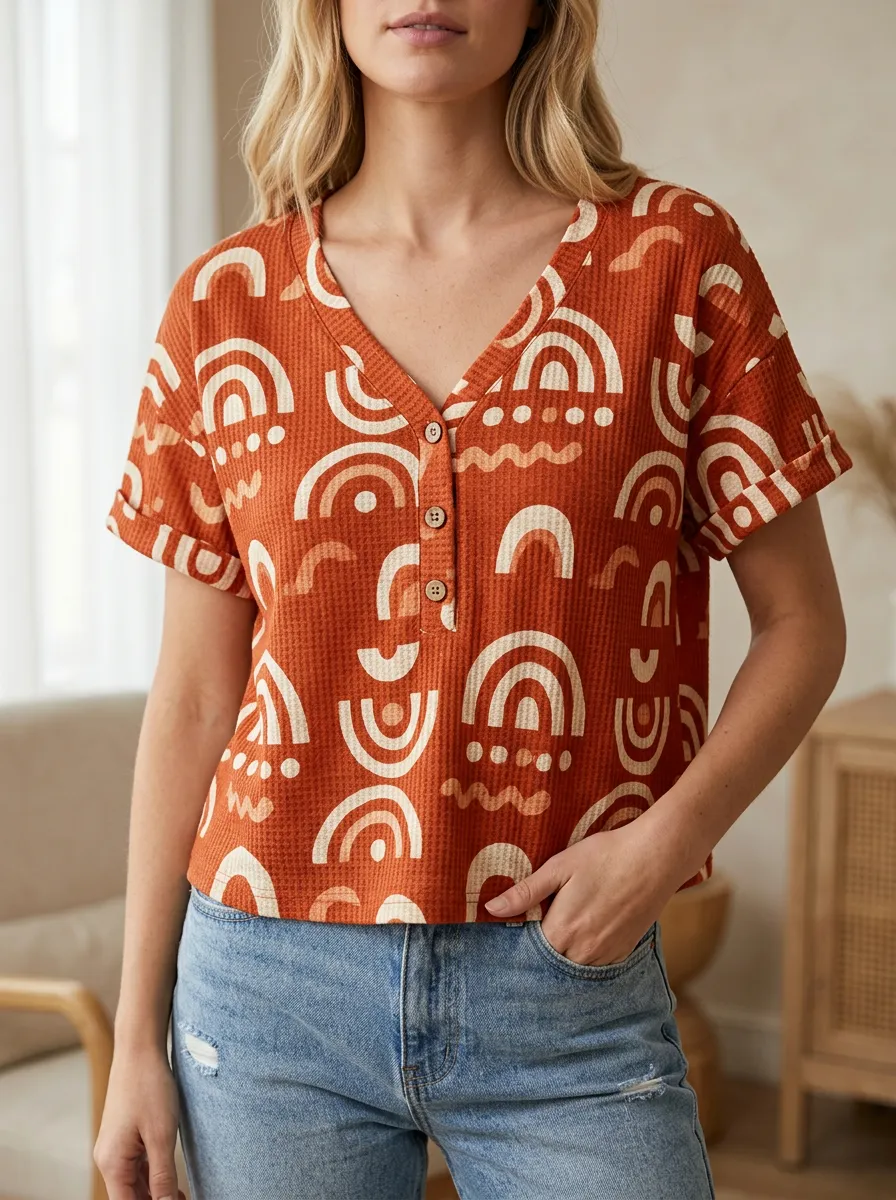 Women's Boho Abstract Rainbow Printed Waffle Henley Top