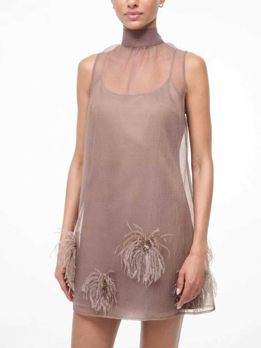 Sheer Feather Embellished Elegant Mini Dress