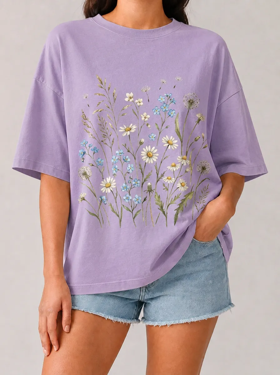 Women's Floral Graphic Crewneck T-Shirt Crewneck Boxy-Fit