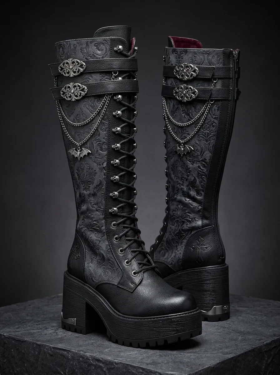 Darkwear Skull Bat Damask Collection Women's Gothic Platform Boots