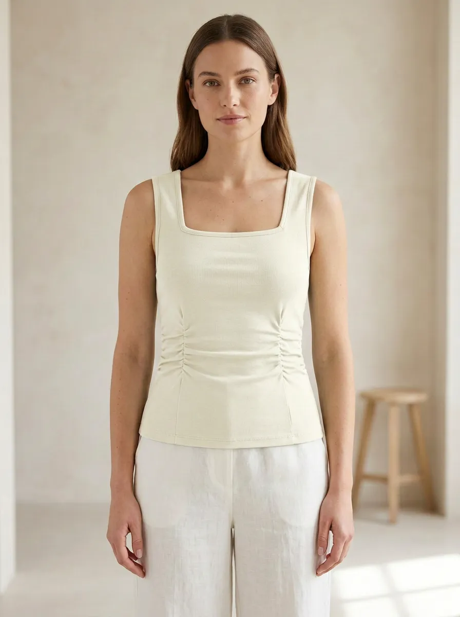 Fitted Square-Neck Side-Ruched Ruched Tank Top