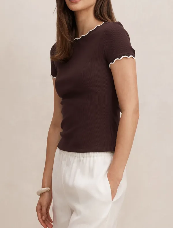 Burgundy Scallop Trim Ribbed Knit T-Shirt