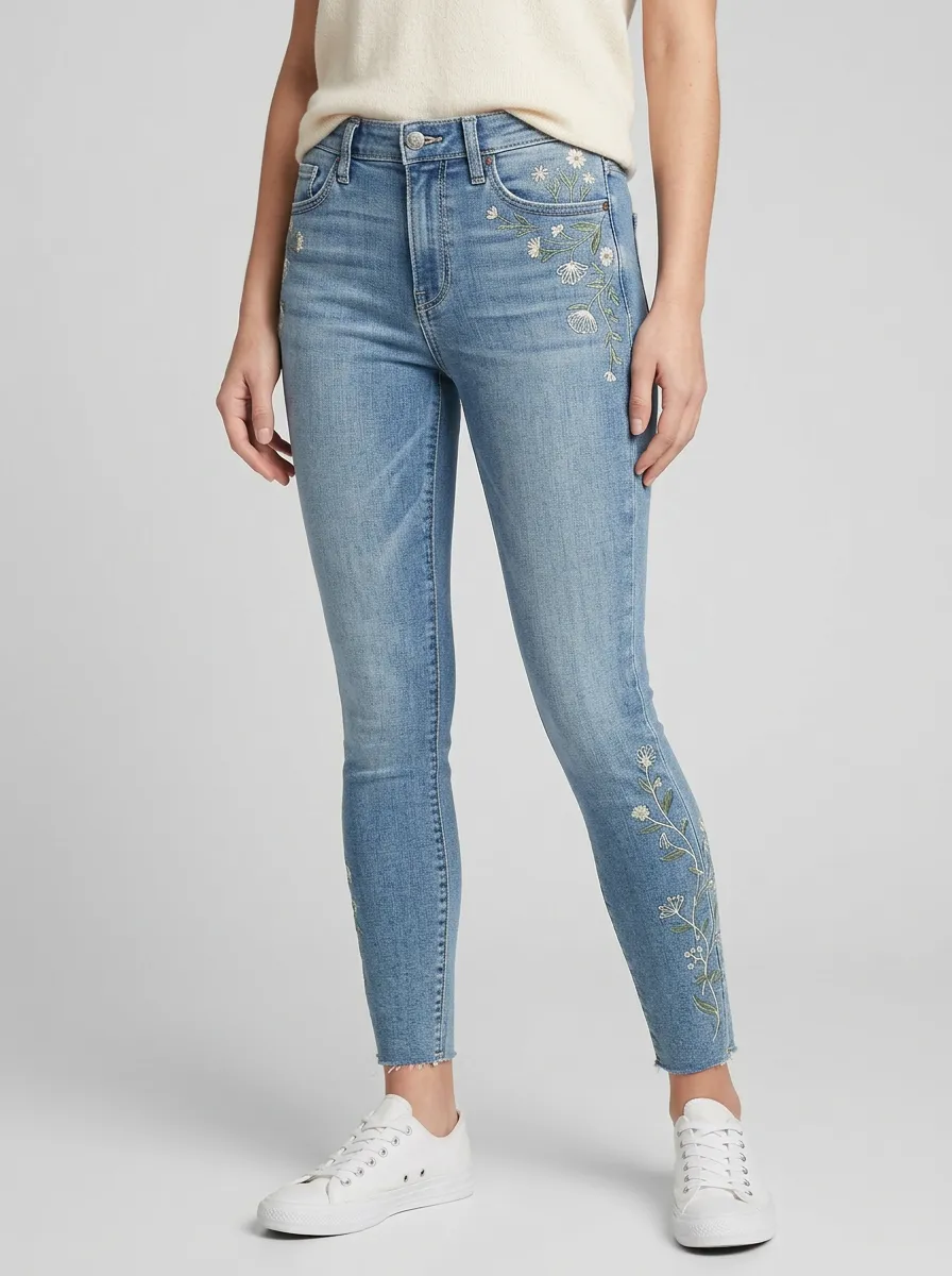 Women's Floral Embroidered Botanical Printed Slim Jeans