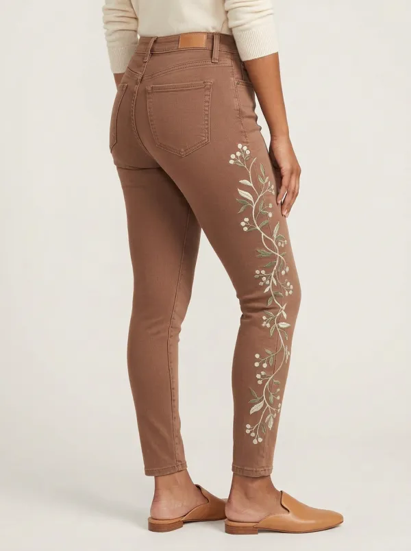 Women's Floral Botanical Vine Embroidered Printed Slim Jeans