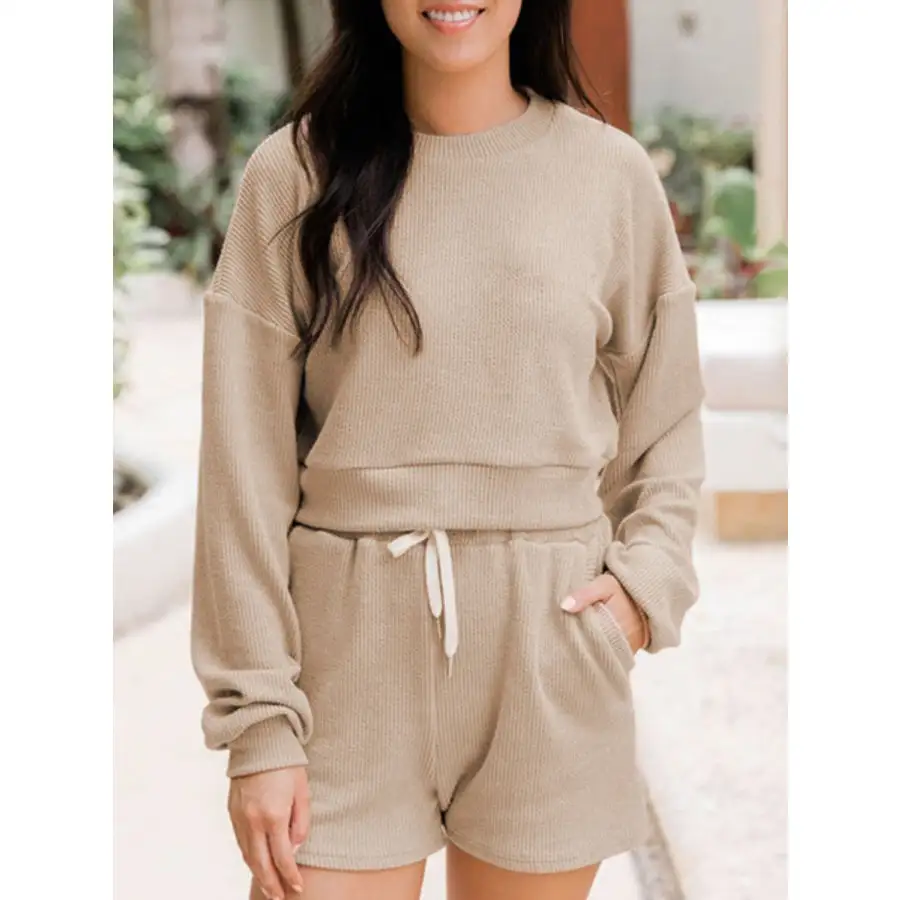 Ribbed Round Neck Long Sleeve Top and Shorts Set