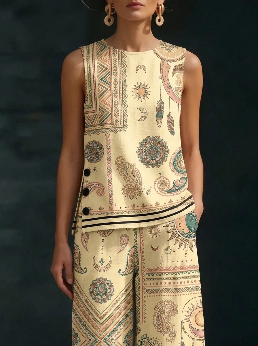 Women's Boho Mandala Sun Moon Printed Sleeveless Set
