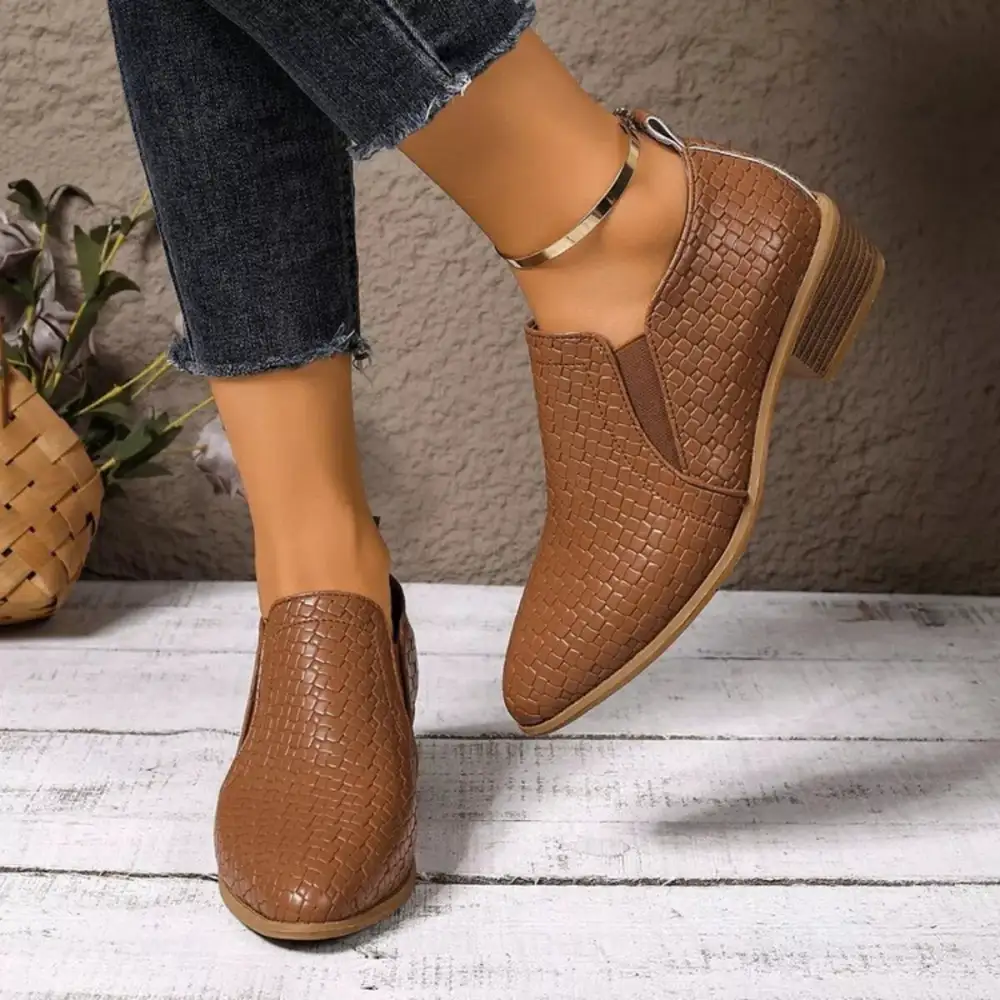 Textured Point Toe Block Heels Ankle Boots