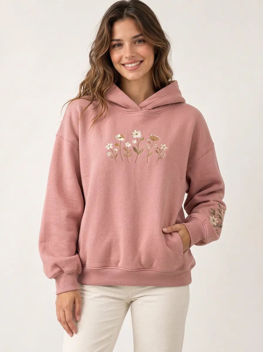 Women's Layering Floral Wildflower Embroidered Nature Inspired Hoodie