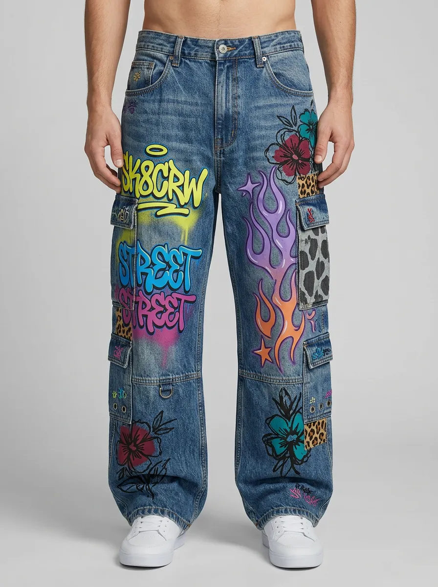 Men's Graffiti Flame Floral Graphic Cargo Jeans