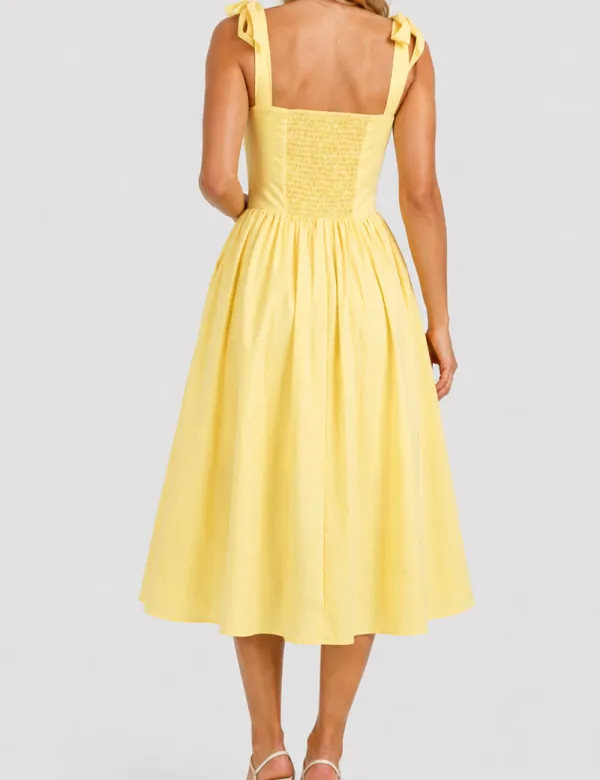 Elegant Square Neck Strap Shoulder Midi Dress