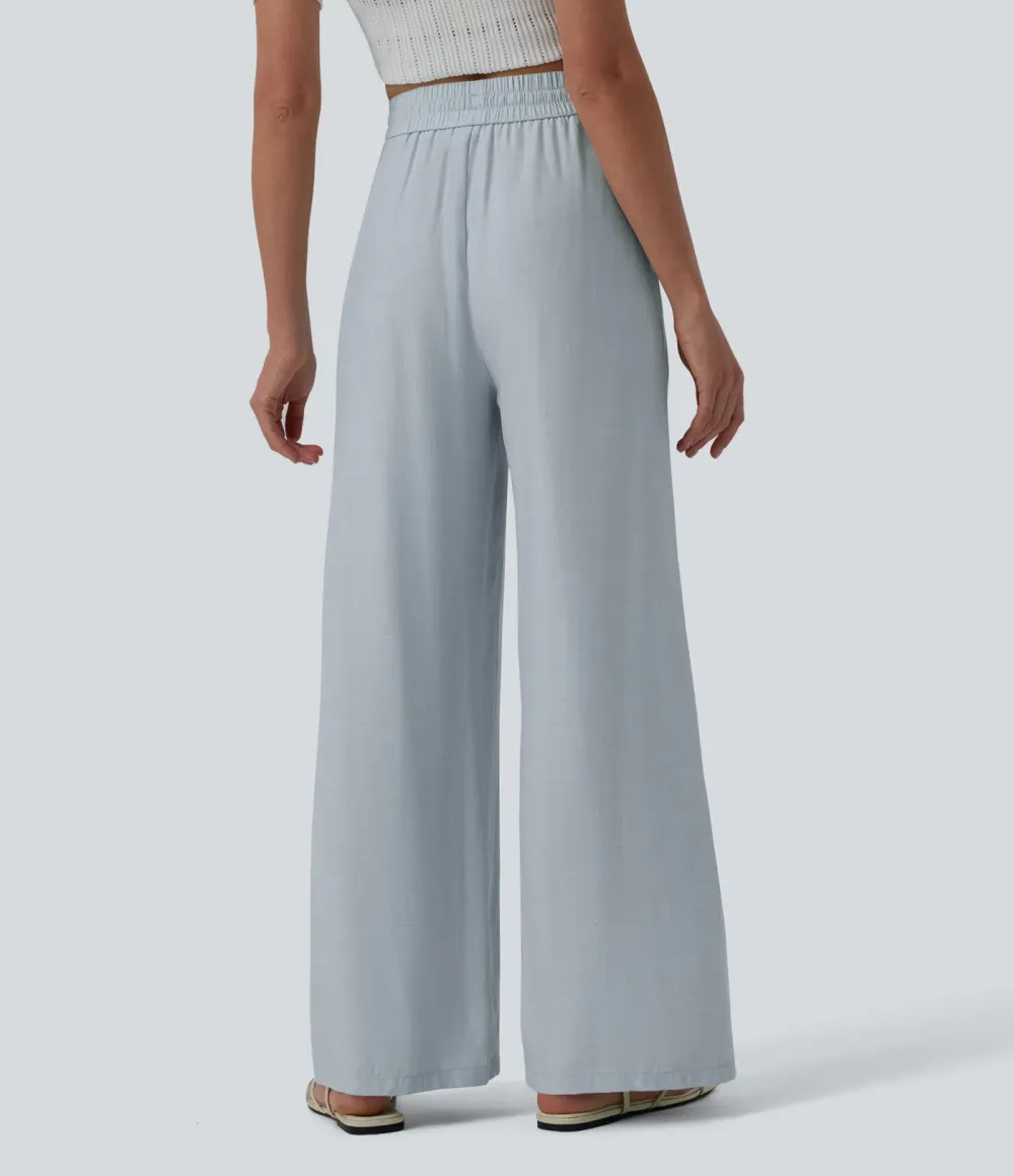 2026🔥High Waisted Drawstring Wide Leg Casual Linen-Blend Trousers with Pockets