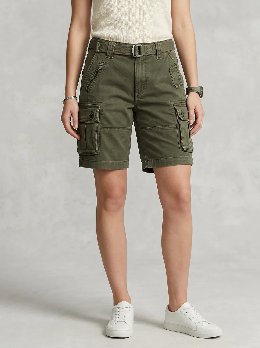 Women's Outdoor Casual Olive Green Belted Cargo Shorts