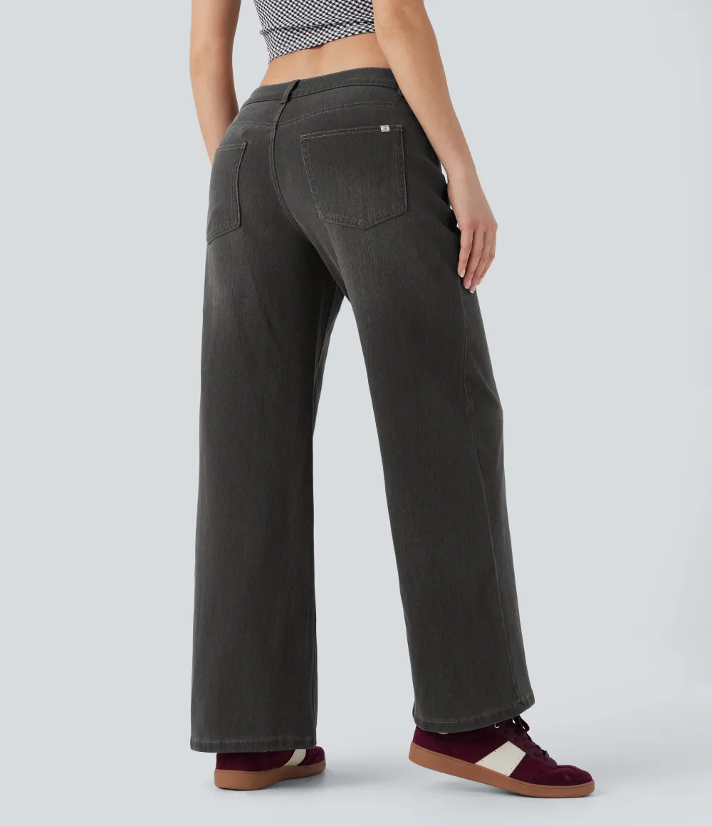 Asymmetric Low Rise Zipper Pockets Baggy Wide Leg Washed Casual Jeans