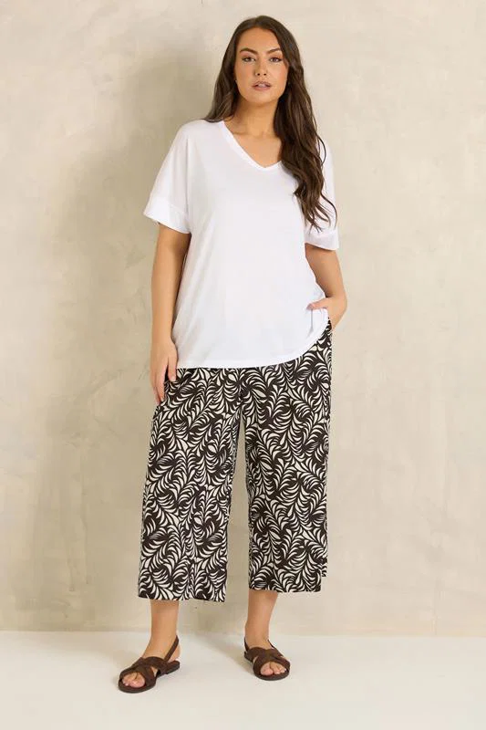 Brown Leaf Print Linen Cropped Trousers detail 2
