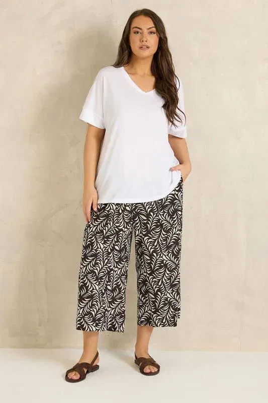 Brown Leaf Print Linen Cropped Trousers